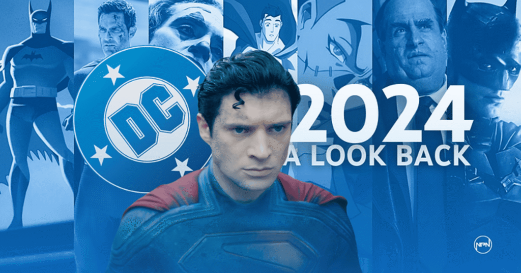 David Corenswet as Superman with DC Studios characters behind him