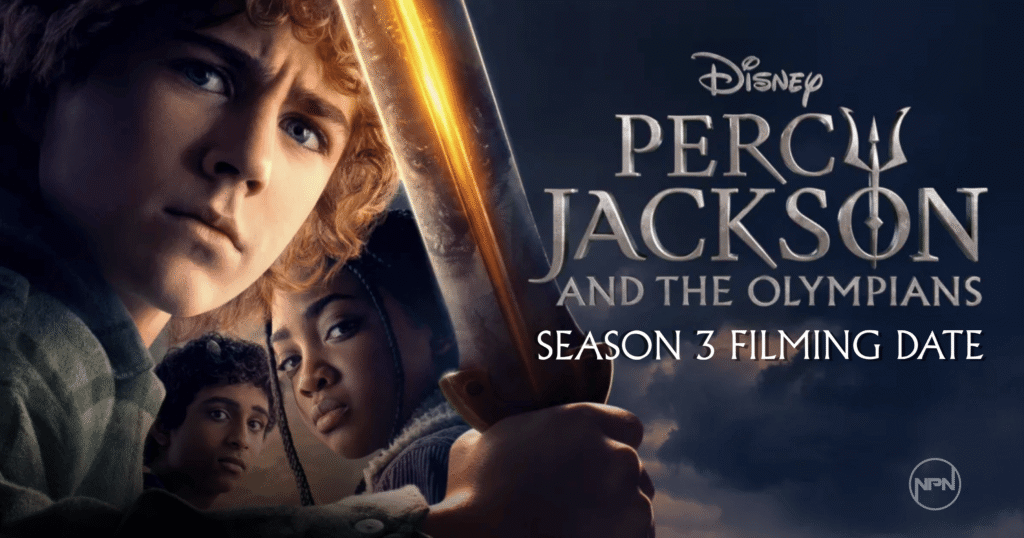 Percy Jackson and the Olympians key art. The text on the right reads Percy Jackson and the Olympians Season 3 Filming Date