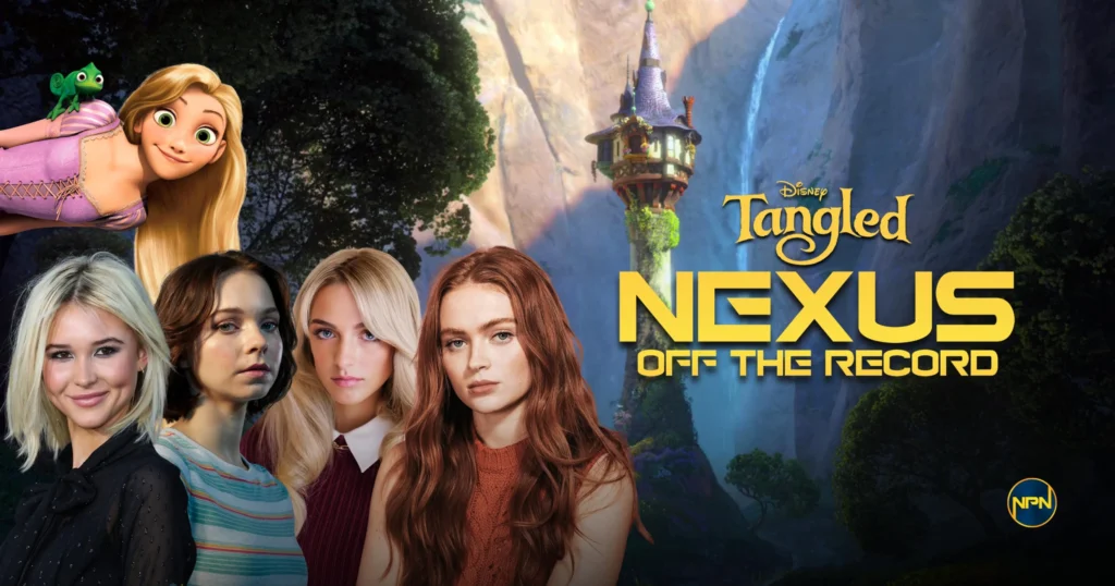 The pictures of Isabel May, Emma Myers, Mckenna Grace and Sadie Sink with a Tangled still featuring Rapunzel