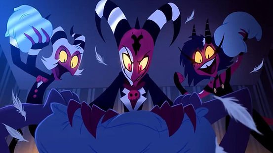 Moxie, Blitzo, and Millie holding pillows and cheering in 'Helluva Boss'