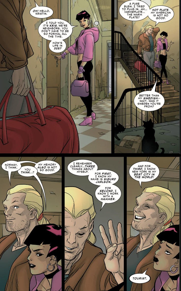 comic page from issue #1 of 'The Mortal Thor". Sigurd Jarlson and his neighbor Kris have a conversation about his identity and memory issues. 