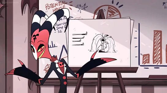 Blitzo stands in front of a presentation easel and white board in 'Helluva Boss'