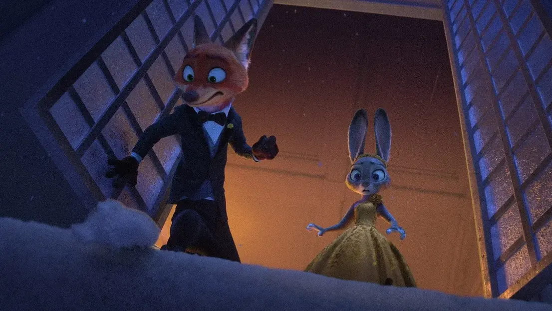 Jason Bateman as Nick Wilde and Ginnifer Goodwin as Judy Hopps wearing formal attire and looking out of a snowy window in Zootropolis 2 