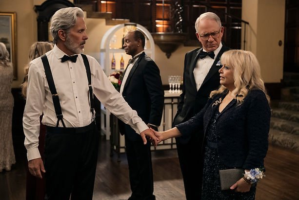 Gary Cole as Brad Vinick, John Getz as Elliott, and Sally Struthers as Virginia in 'A Man on the Inside' Season 2.