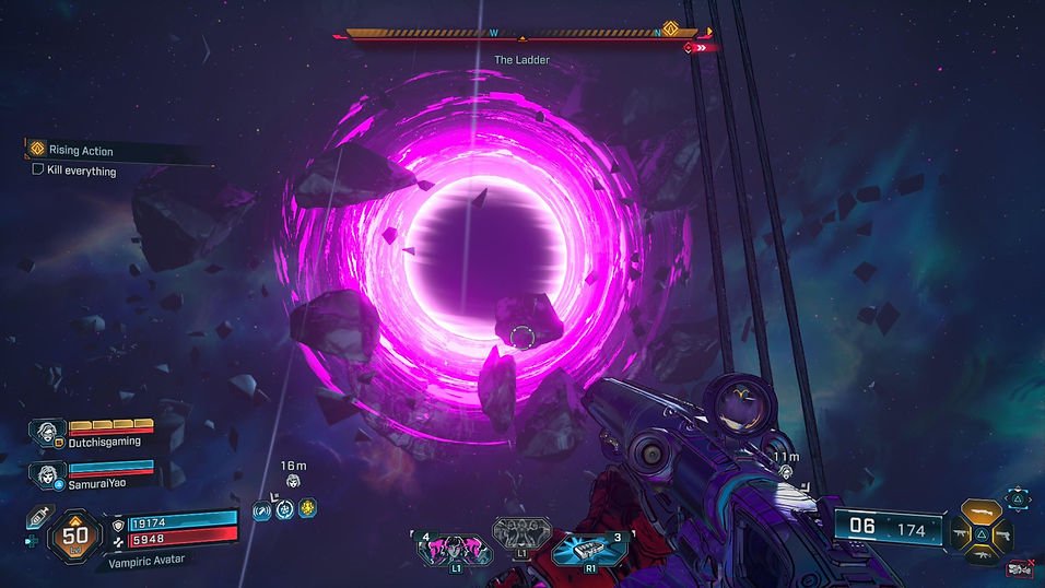 Asteroids getting pulled into a purple vortex in space