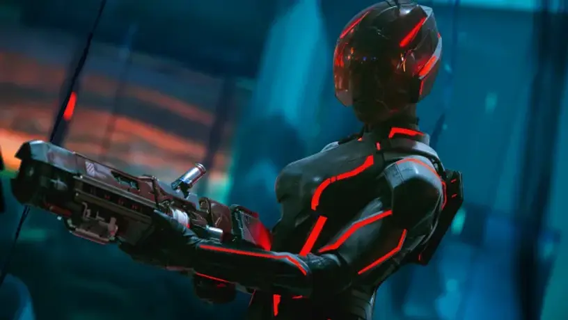 Jodie Turner-Smith as Athena, wearing a helmet and brandishing a weapon in 'Tron: Ares'