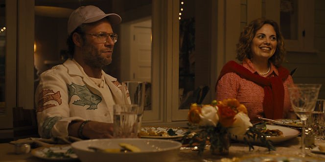 Seth Rogen and Rachel Rosenbloom sat at a dinner table in 'Platonic.'