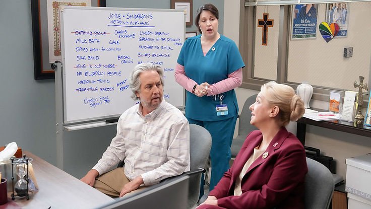 Steve Little as Sanderson, Allison Tolman as Alex, and Wendi McLendon-Covey as Joyce in St. Denis Medical