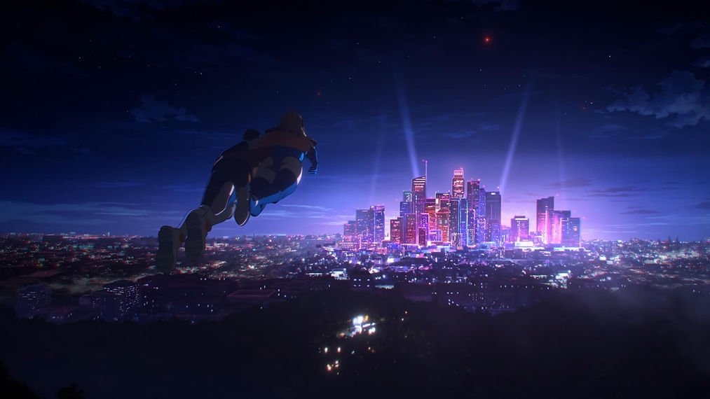 Robert Robertson and Blonde Blazer fly towards a city skyscape in 'Dispatch'