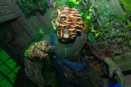A cast member with mushrooms growing out of his face at the Winchester Mystery House