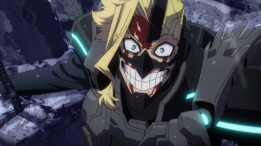 All Might in his armoured suit smiling and bleeding from the head in My Hero Academia Final Season