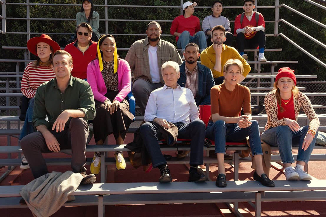 Jason Segel, Christa Miller, Ted McGinley, Jessica Williams, Luke Tennie, Damon Wayans Jr., Harrison Ford, Michael Urie and Wendie Malick in "Shrinking," premiering 28 January 2026 on Apple TV.