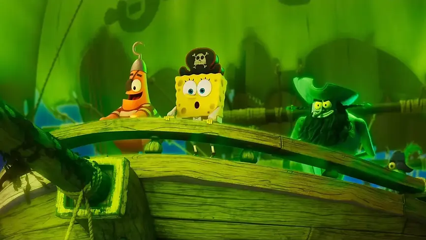 Tom Kenny as SpongeBob SquarePants and Bill Fagerbakke as Patrick Star as they look amazed on a pirate ship with Mark Hamill as Flying Dutchman behind them in The SpongeBob Movie: Search For SquarePants.