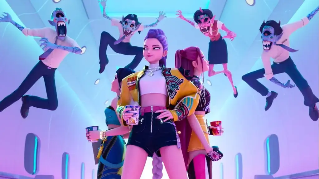 Rumi in the middle with Zoey and Mira standing either side of her with demons in the air ready to attack in KPop Demon Hunters