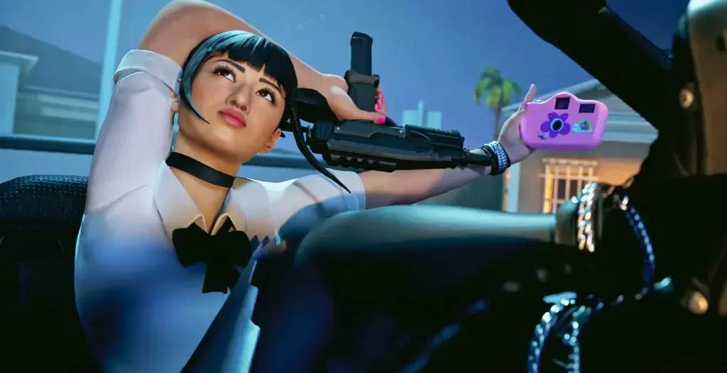 Miyu Ishidate Roberts as Yuki Yubairi holding a gun and a pink camera in Kill Bill: The Whole Bloody Affair