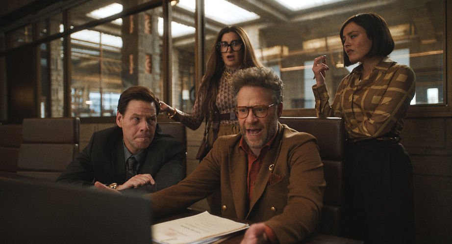 Seth Rogen, Ike Barinholtz, Chase Sui Wonders and Kathryn Hahn in The Studio. © Apple