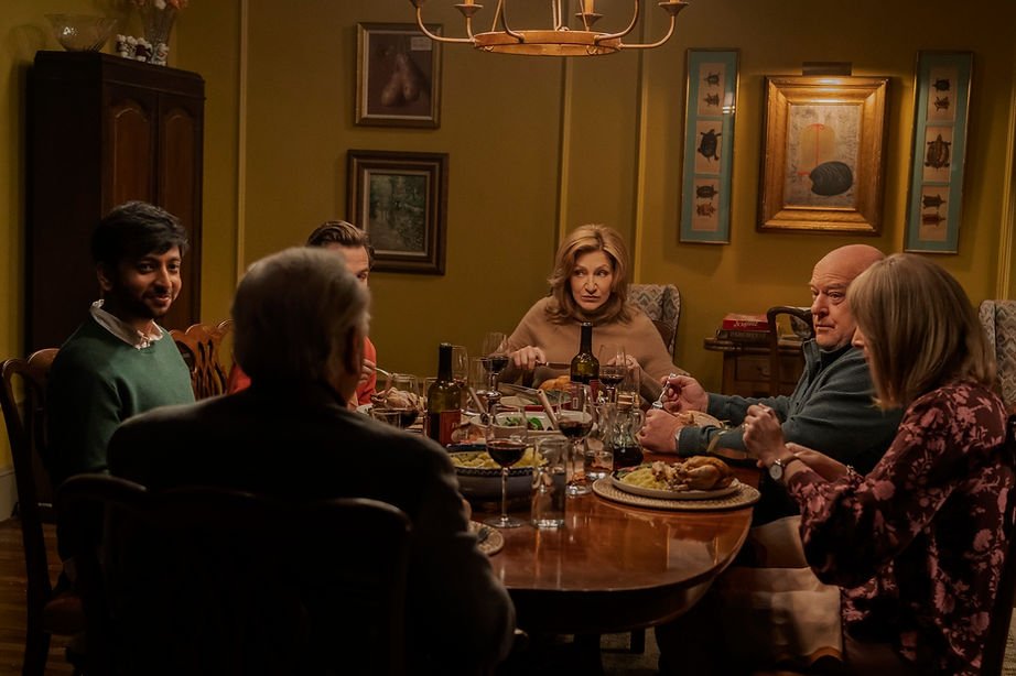 The Parenting's standout dinner table scene, with Brian Cox, Edie Falco, Lisa Kudrow, Dean Norris, Nik Dodani and Brandon Flynn. © Max