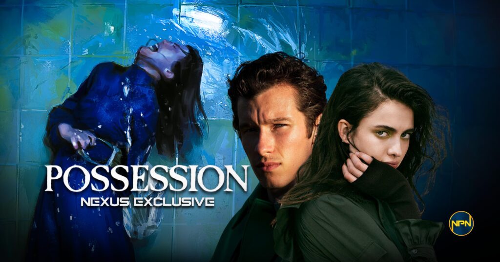 Callum Turner and Margaret Qualley with a still from Possession as the background