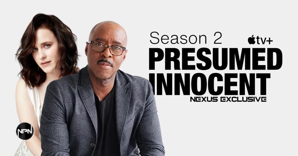 Courtney B. Vance in a black suit and glasses looking at the camera. Presumed Innocent logo is on the right.