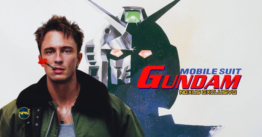 Drew Starkey in a green jacket holding a red dart in his mouth and looking at the camera. the text reads Mobile Gundam Suite Nexus Exclusive