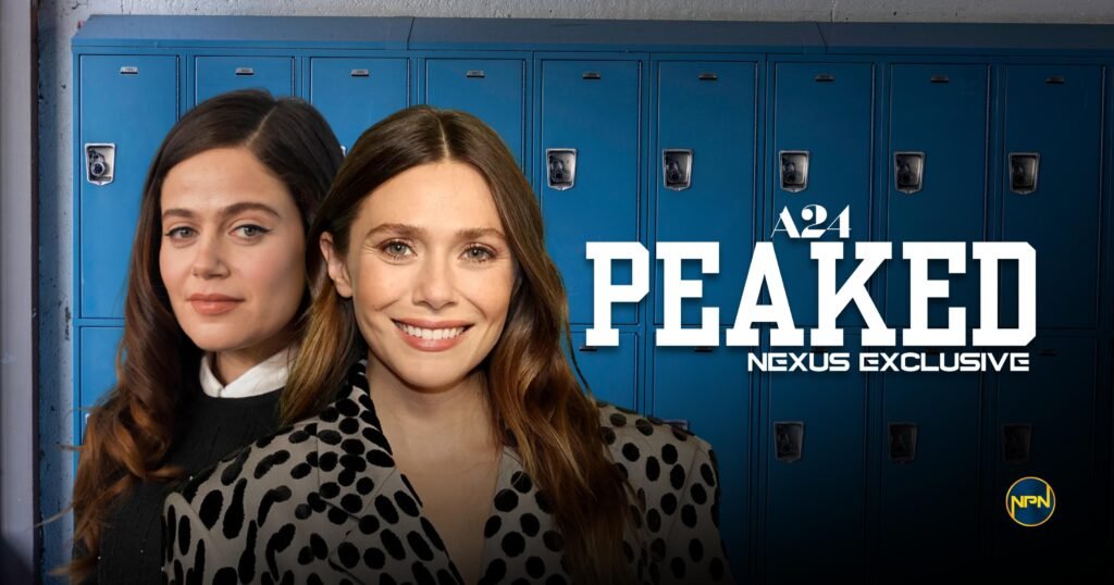 Elizabeth Olsen and Molly Gordon smiling at the camera. The background is blue lockers.