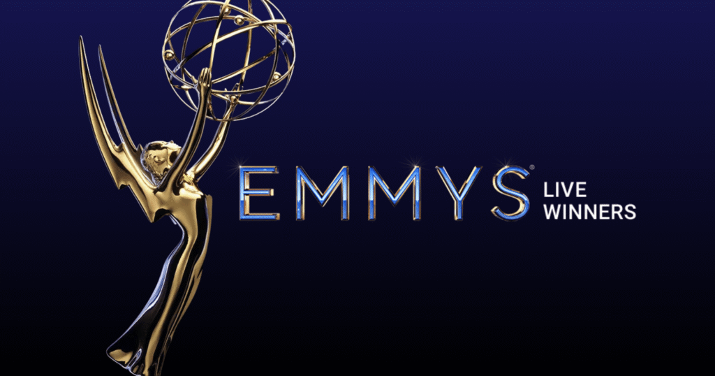 Emmy trophy against a blue background. The text reads Emmys Live Winners