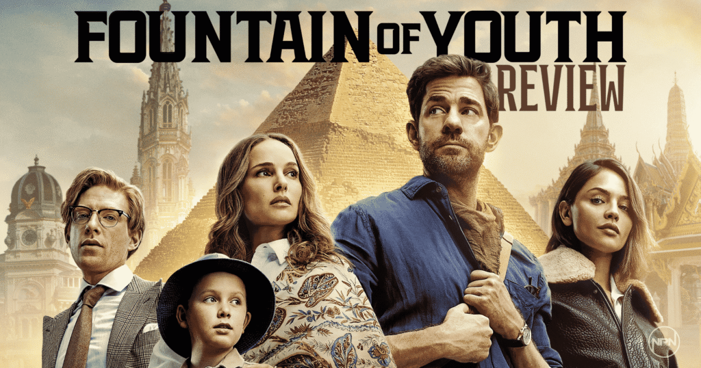 Cast of Fountain of Youth in front of an Egyptian pyramid. Text reads: "Fountain of Youth Review"