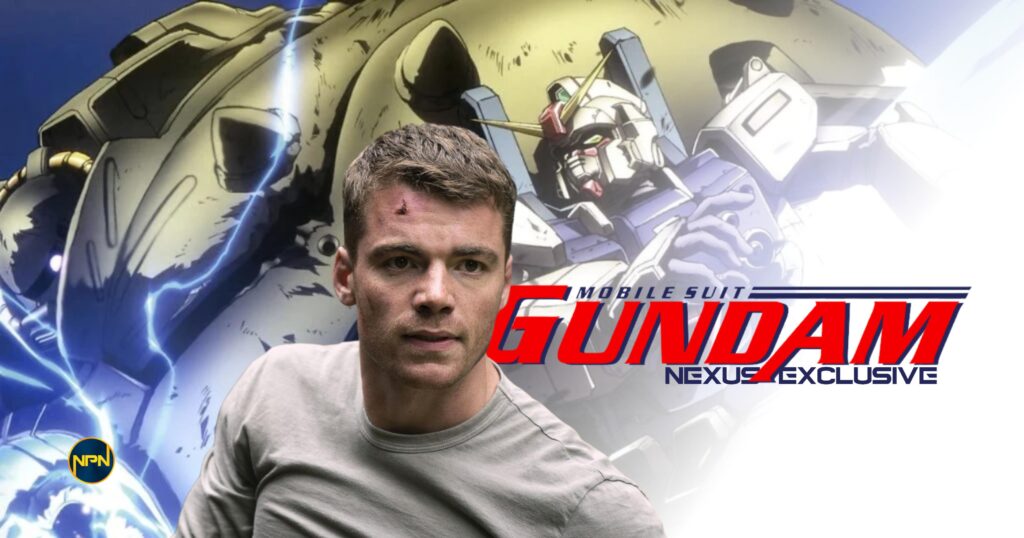 Gabriel Basso still from The Night Agent and Gundam art on the background