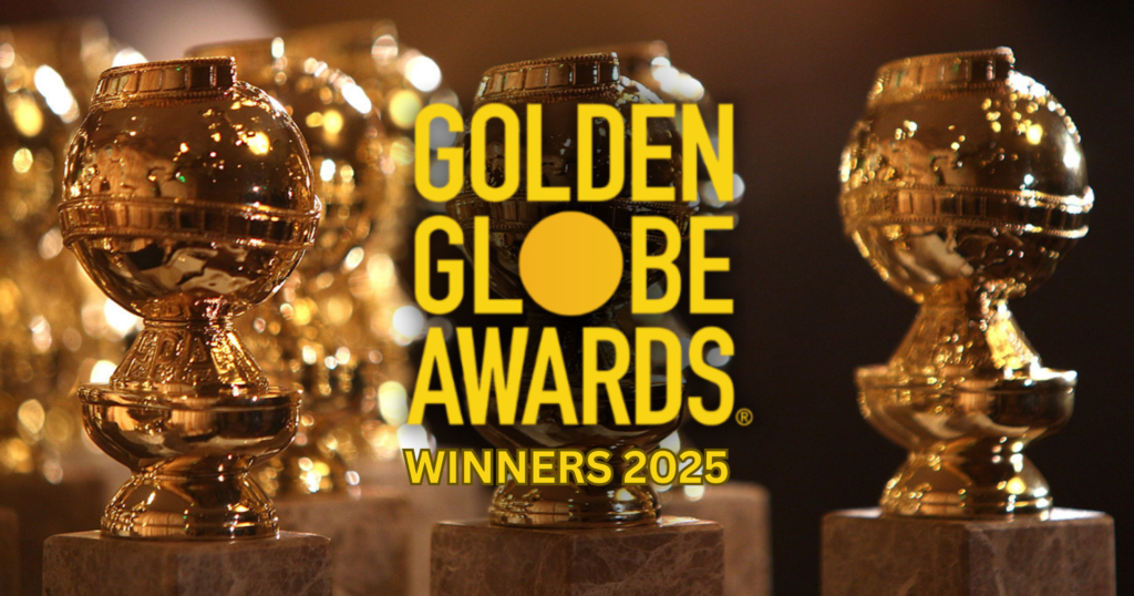 Golden Globes trophy. The text reads Golden Globe Awards Winners 2025.