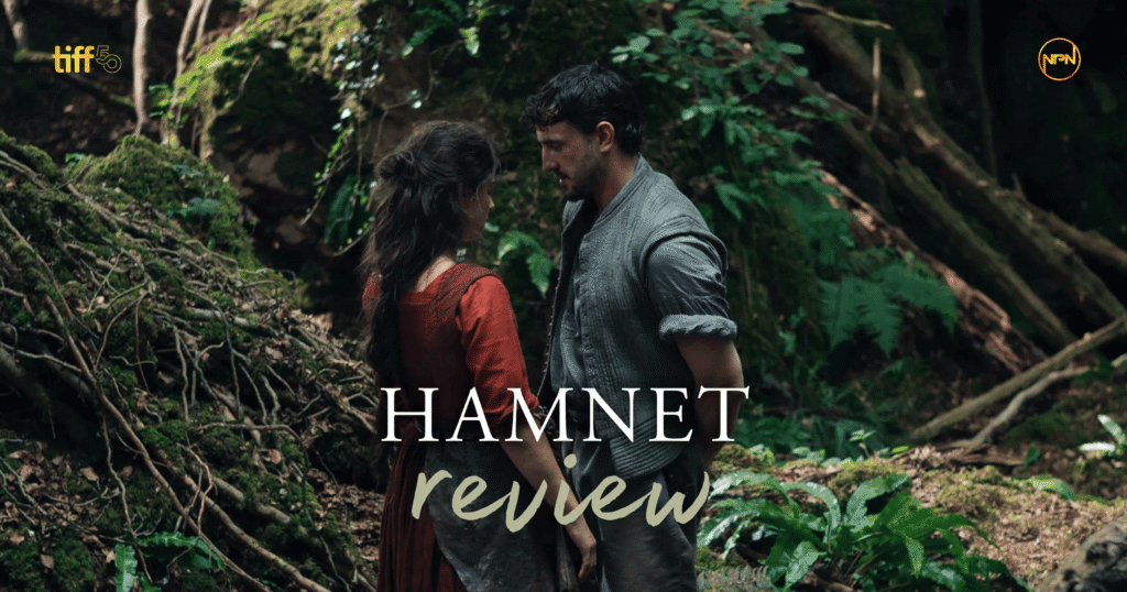 Jessie Buckley and Paul Mescal stand together in the woods. Text reads "Hamnet Review"