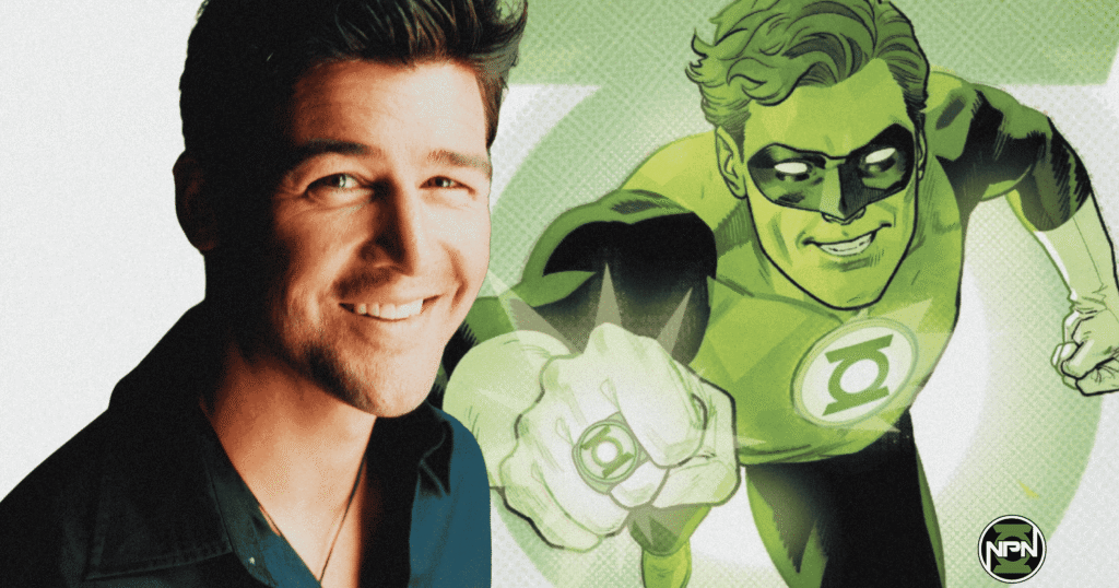 Kyle Chandler smiling at the camera. Hal Jordan art is on the right.
