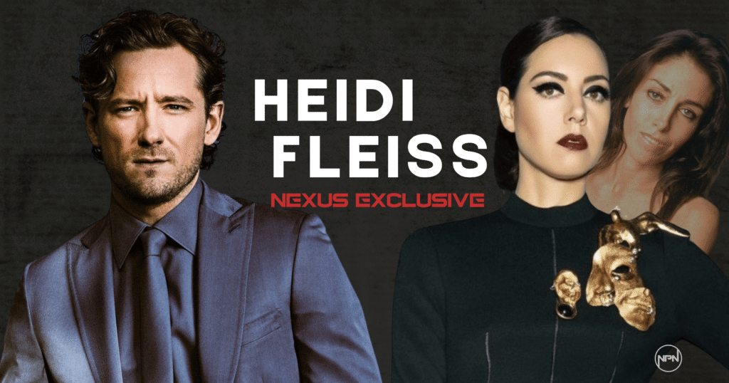 Lewis Pullman and Aubrey Plaza looking at the camera. A picture of Heidi Fleiss is on the right corner.