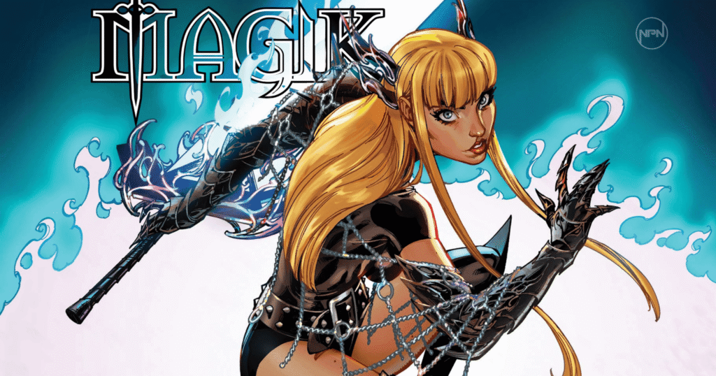 Illyana as Magik holding a glowing sword. Text reads "Magik"