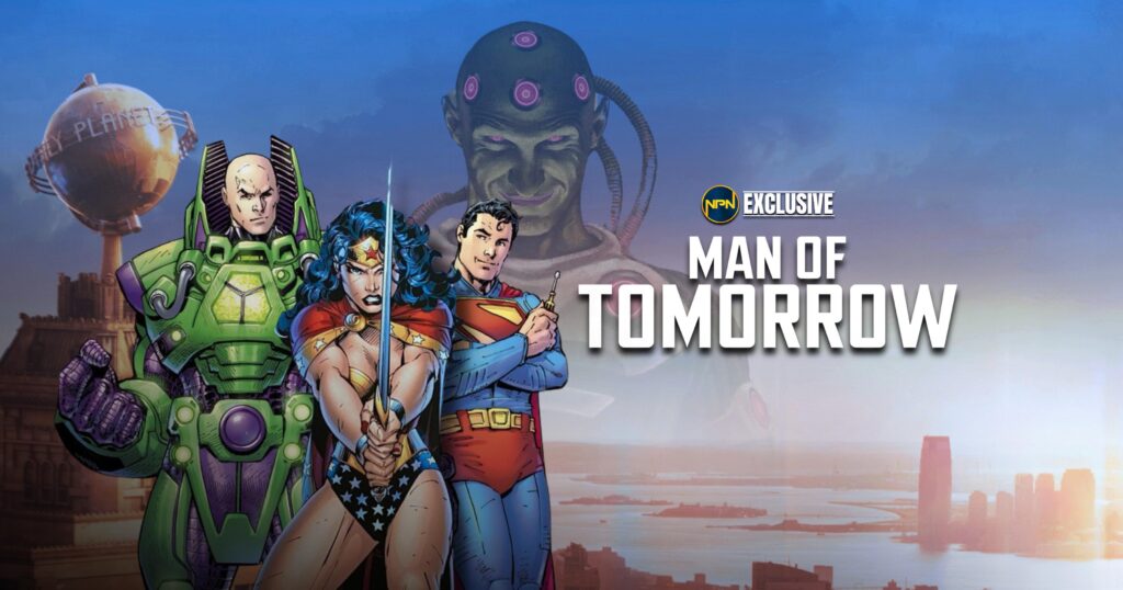 Lex Luthor in a green armor, Wonder Woman in her costume holding a sword and looking angry and Superman with his arms crossed. The background is Brainiac comic art. The text reads Exclusive Man of Tomorrow