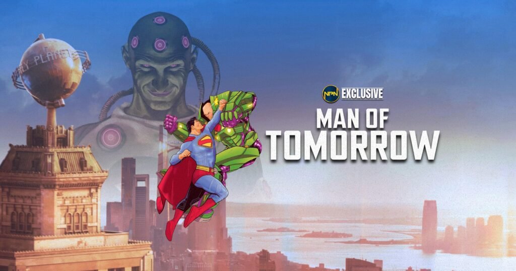 Superman in his classic costume fighting Lex Luthor who is in a green armor in the sky. Brainiac is the background. The text reads Man of Tomorrow.