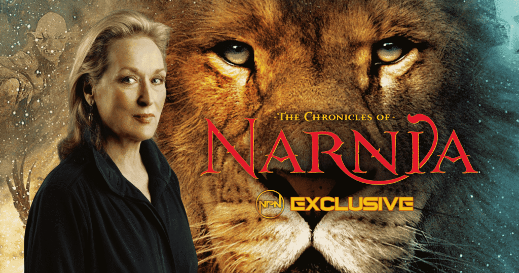 Meryl Streep in black looking at the camera. Aslan image from Narnia is in the background.