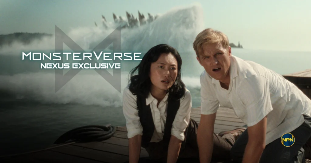 Dr. Keiko Miura (played by Mari Yamamoto) and the younger Colonel Lee Shaw (played by Wyatt Russell) from Monarch: Legacy Of Monsters on raft looking at the distance with open mouths.