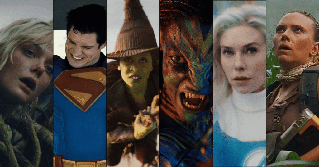 2025 movies: Elle Fanning in Predator Badlands, David Corenswet in Superman, Cynthia Erivo in Wicked: For Good, Zoe Saldana as Neytiri in Avatar, Vanessa Kirby as Sue Storm in The Fantastic Four First Steps and Scarlett Johansson in Jurassic World Rebirth
