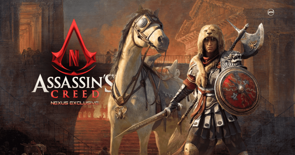 The key art of a Roman Centurion from Assassin’s Creed holding a sword and shield next to his white horse. the text under the Netflix logo reads Assassin's Creed Nexus Exclusive