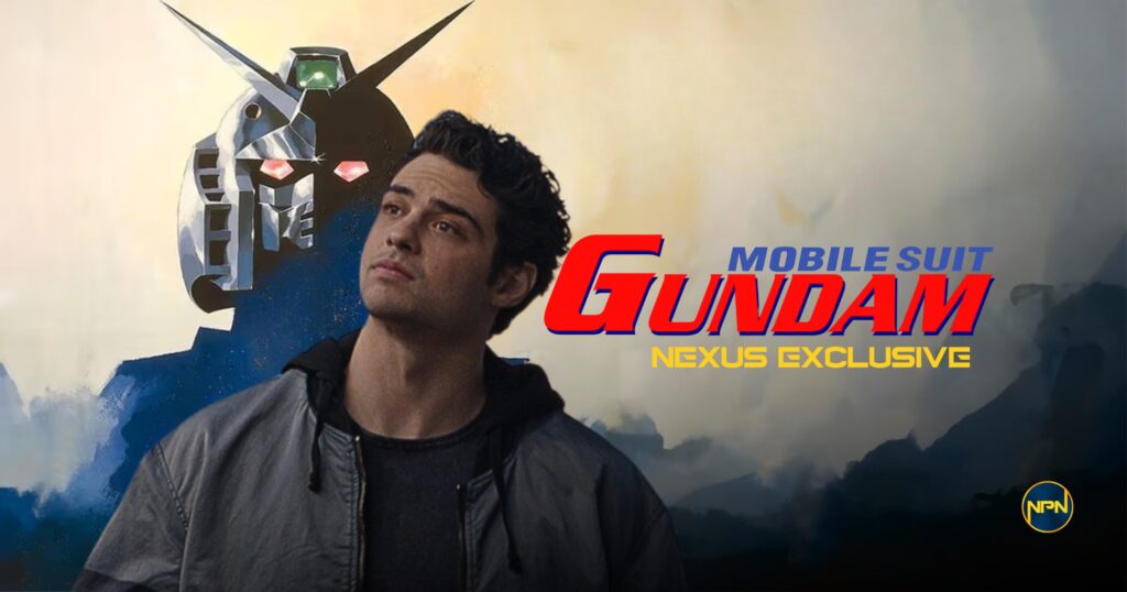Noah Centineo looking at the distance. The background is Gundam art. The text on the right reads Mobile Suit Gundam Nexus Exclusive