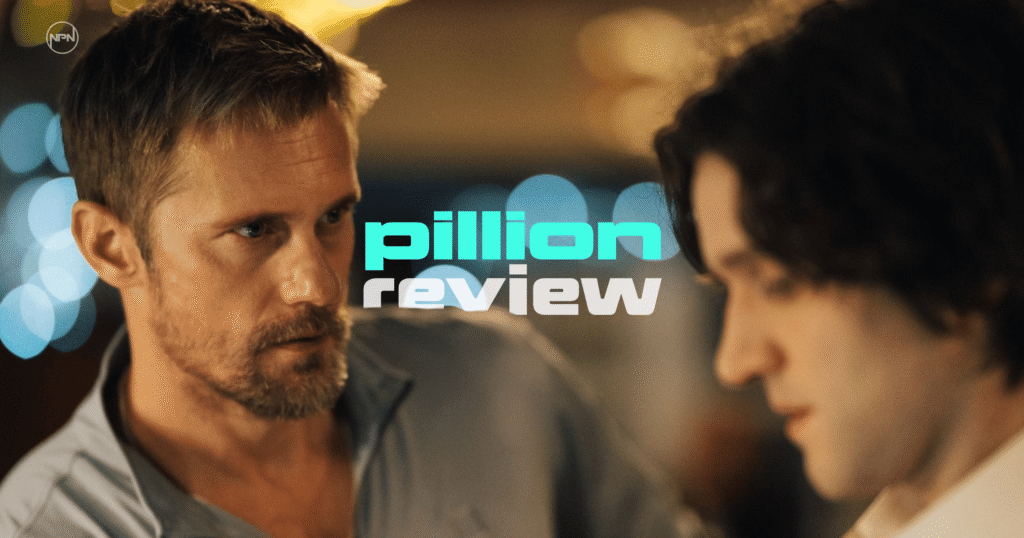 Alexander Skarsgård looking at Harry Melling. The text in the middle reads Pillion Review.