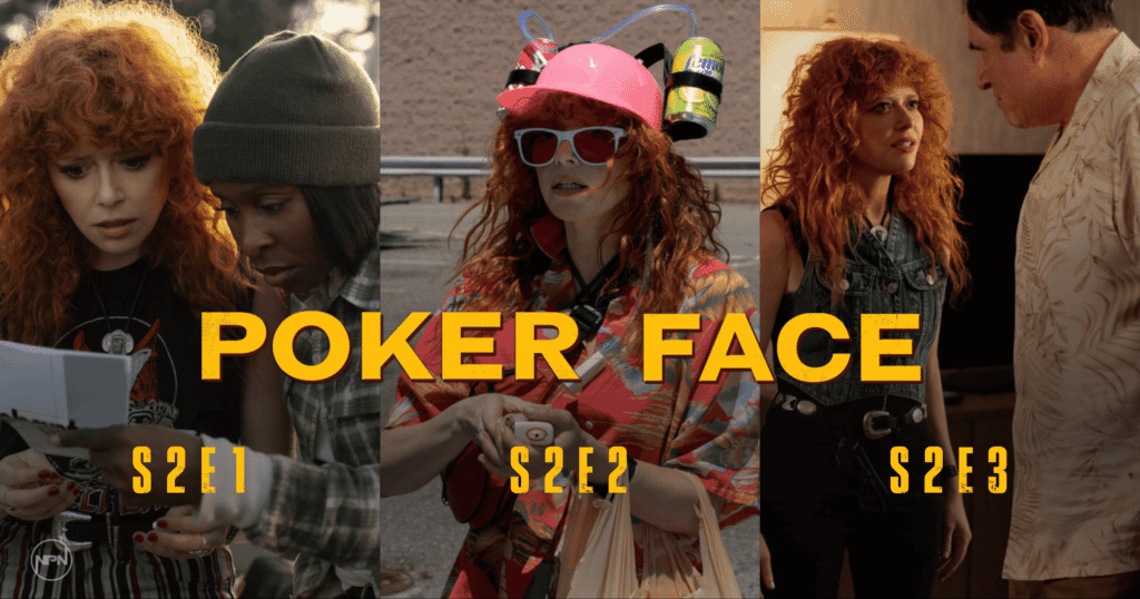Poker Face season 2 episode 1, 2 and 3 stills in a collage