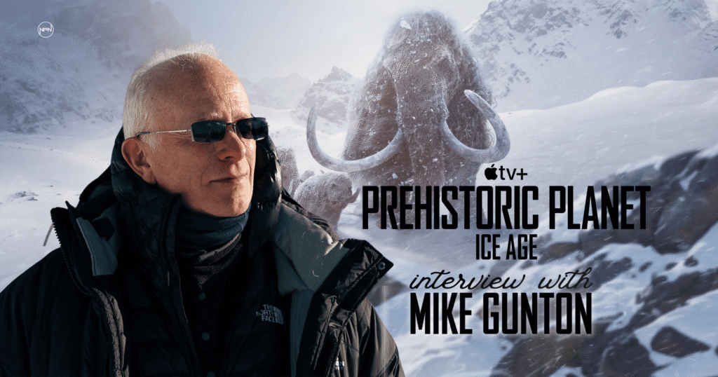 Mike Gunton against a still from Prehistoric Planet Ice Age