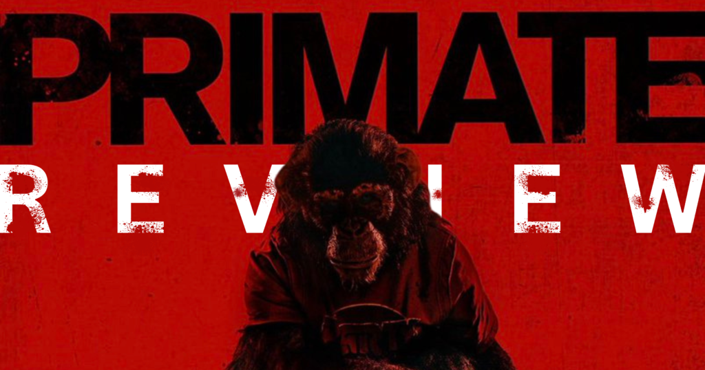 A chimpanzee in a red top looking at the camera. The background is black and the text reads Primate Review.