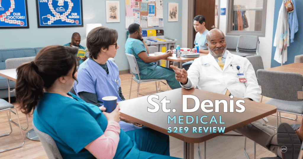 Allison Tolman as Alex, Mekki Leeper as Matt, and David Alan Grier as Dr. Ron in St. Denis Medical sitting around a table