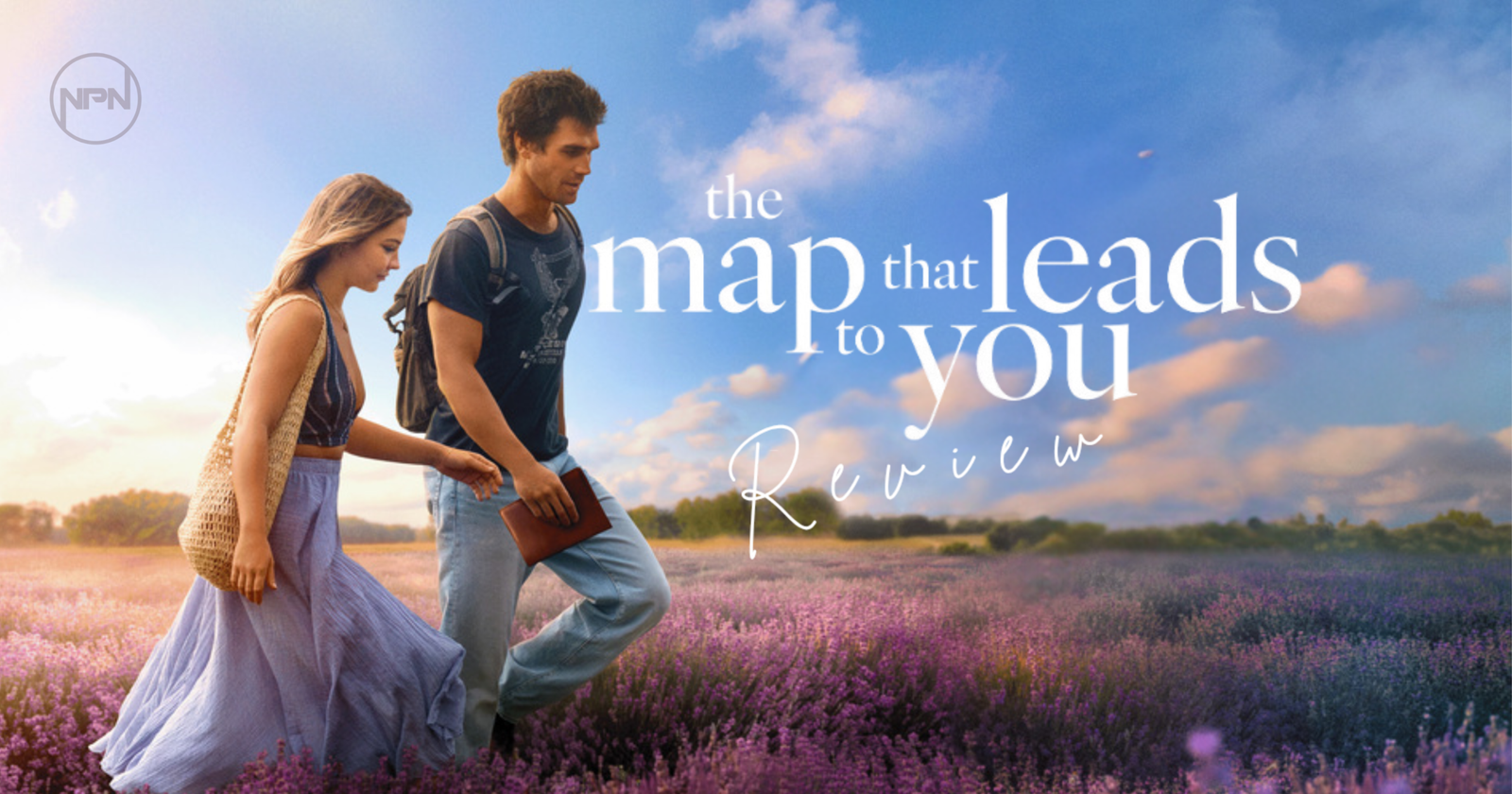 The Map That leads to you key art with a couple walking in a pink flower field