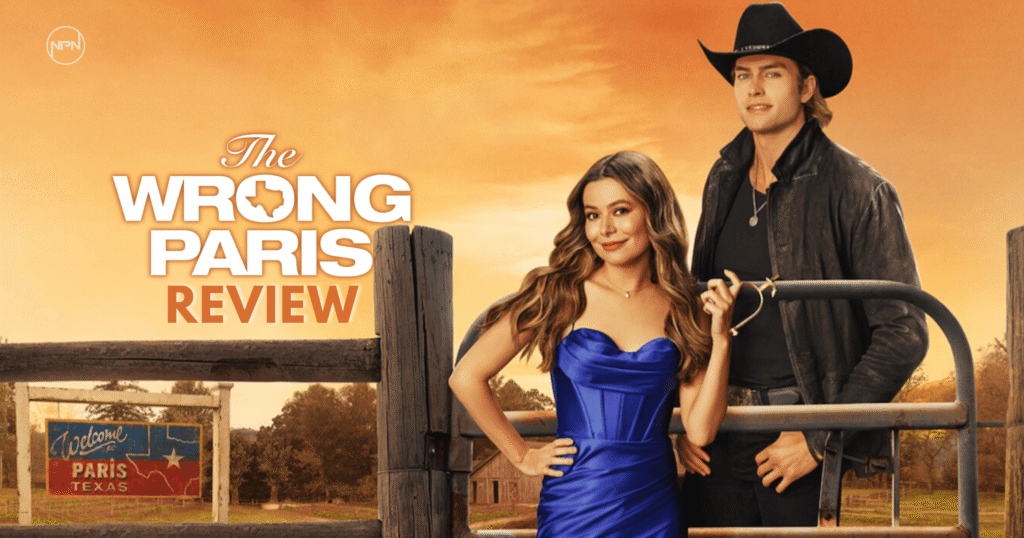 The Wrong Paris Key art Miranda Cosgrove as Dawn and Pierson Fodé as Trey at a ranch. The sky is orange. Cosgrove is wearing a blue dress and Fode is wearing all black with a black cowboy hat
