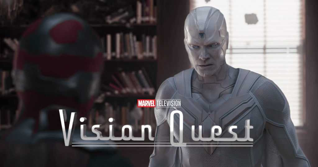 White Vision and original Vision still from Wandavision with Vision Quest logo in the middle.