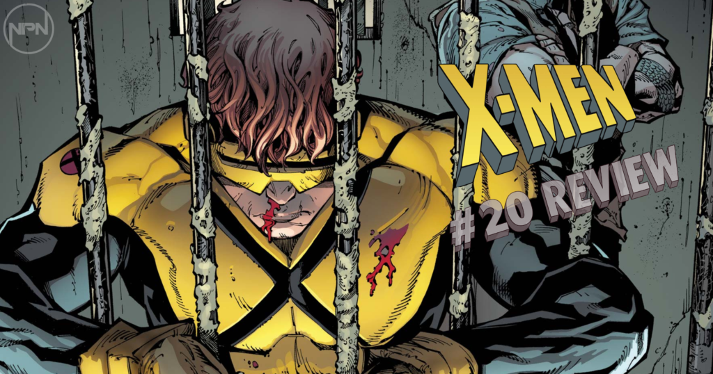 Scott Summers in his yellow and black X-Men uniform behind bars. Text reads: "X-Men #20 Review"