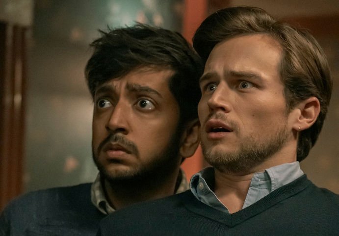 Rohan (Nik Dodani) and Josh (Brandon Flynn) come face to face with something terrifying in The Parenting. © Max